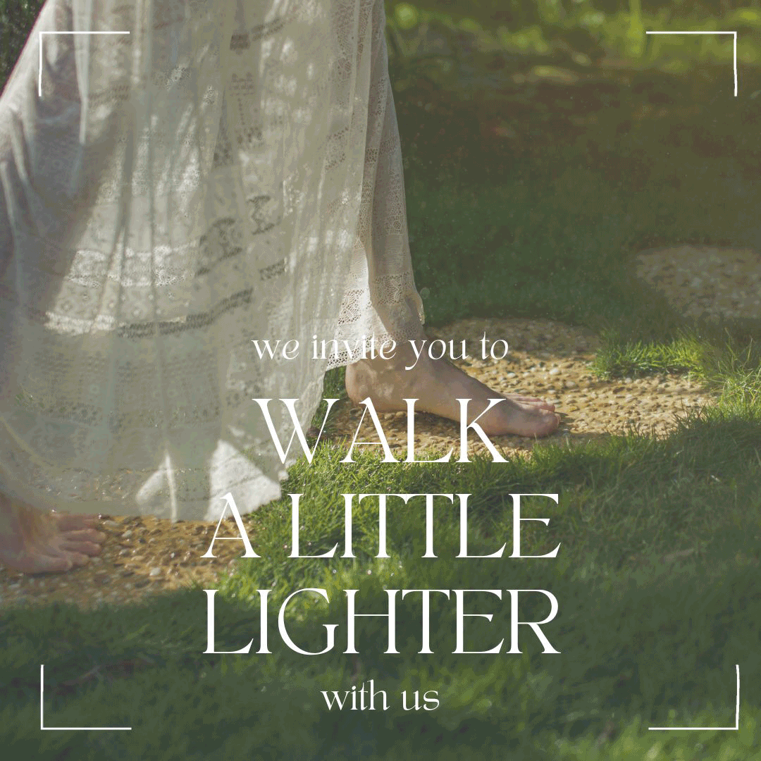 Animated gif of person walking barefoot through grass with text "We invite you to walk a little lighter with us", person pouring Barefoot Venus 100% Natural Mustard Bath into a bathtub of with text "Love & Enjoy", Barefoot Venus 100% Natural Mustard Bath Bag and tin sitting on bathtub caddy with text "Refill and re-use", plant in Barefoot Venus 100% Natural Mustard Bath tin with text "Repurpose" and person using BV All Cracked Up Foot Balm and text "find Beauty in all things perfectly imperfect".