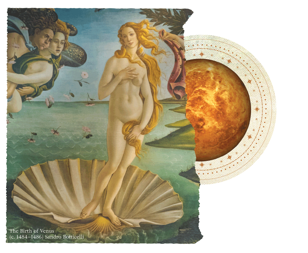 The Birth of Venus painting and an animated gif of the planet Venus swirling around.