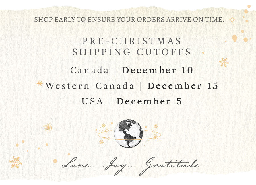 Banner of the earth with text above reads 'Shop early to ensure your orders arrive on time.' and text below reads 'Love...Joy...Gratitude'.