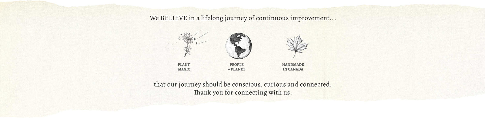 Banner with text at top stating "We BELIEVE in a lifelong journey of continuous improvement...". 3 images side by side, first a flower with the caption "Plant Magic", then the earth with the caption "People + Planet" and finally a maple leaf with the caption "Handmade in Canada". The text below stating "that our journey should be conscious, curious and connected. Thank you for connecting with us."