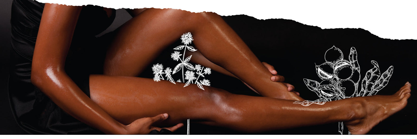 Woman's lower body with argan oil applied. One leg straight, the other bent with flower overlays on image and decorative frame.