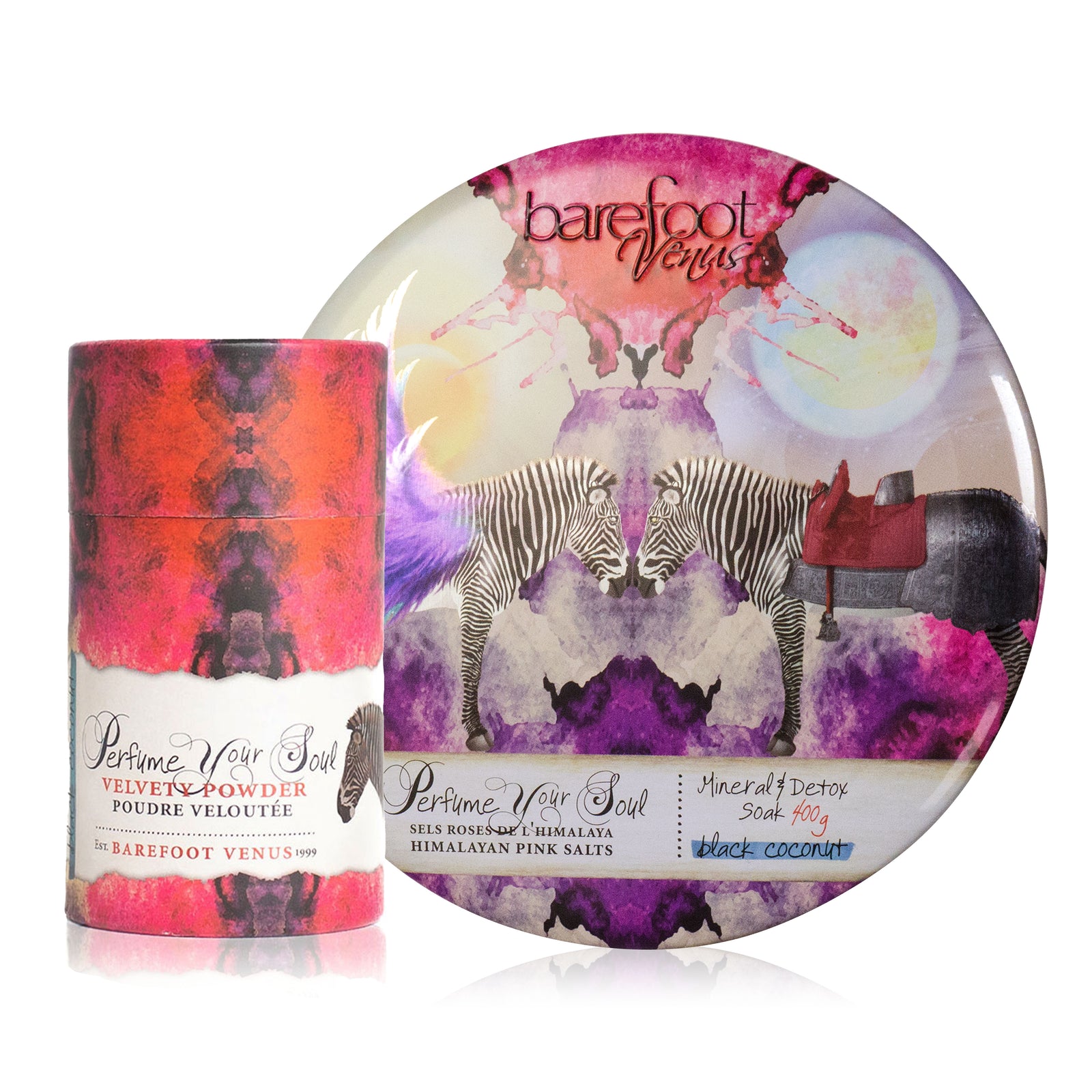 A person holding a container Barefoot Venus Black Coconut velvety powder, with the powder being sprinkled onto a hand.