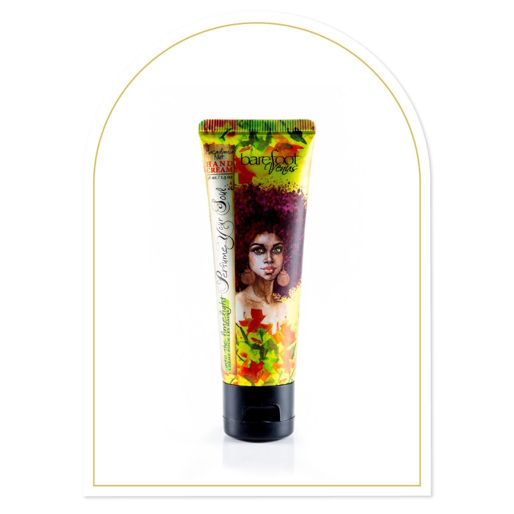 Tube of Barefoot Venus Into the Limelight hand cream featuring a woman with large earrings and a green background design on a white background with a decorative frame.