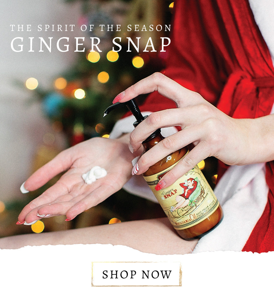 Person applying ginger snap product with festive background and text overlay