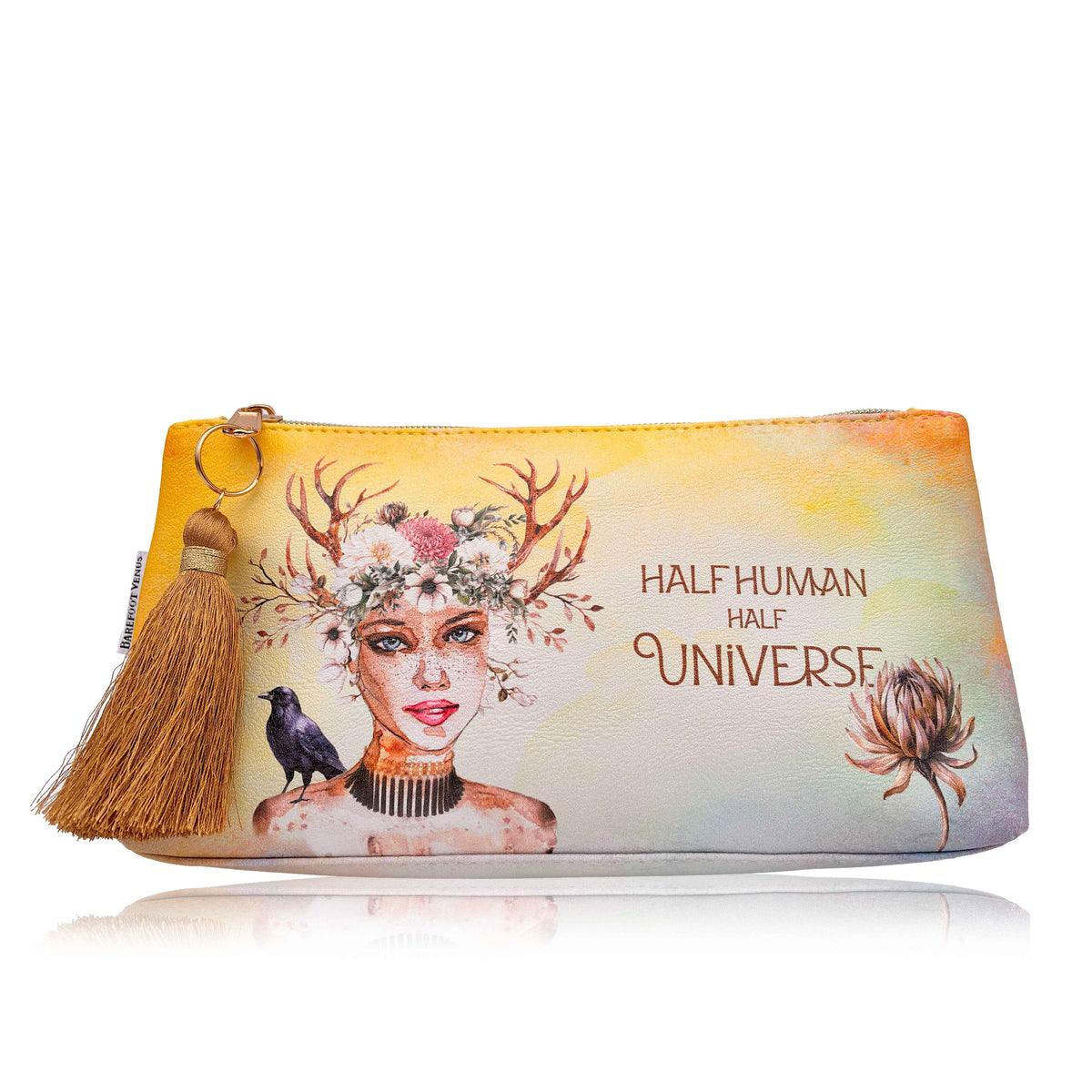 Barefoot Venus Lemon Freckle vegan beauty bag featuring a woman with antlers and flowers design and tassel on a white background