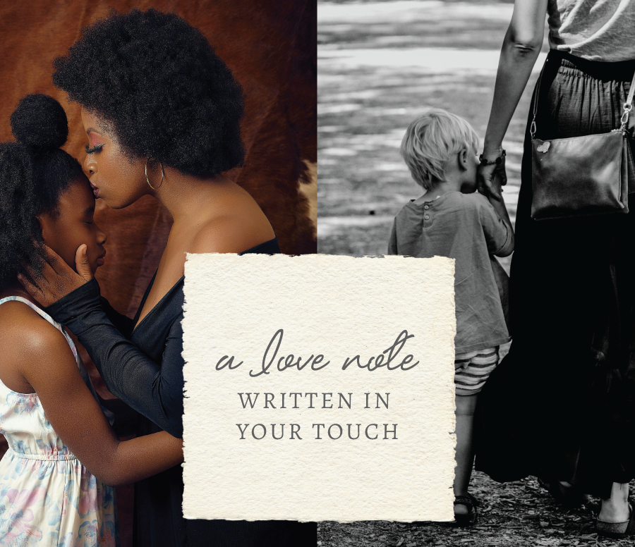 Collage of a woman and child embracing with a text overlay, and a black and white photo of a woman walking with a child.