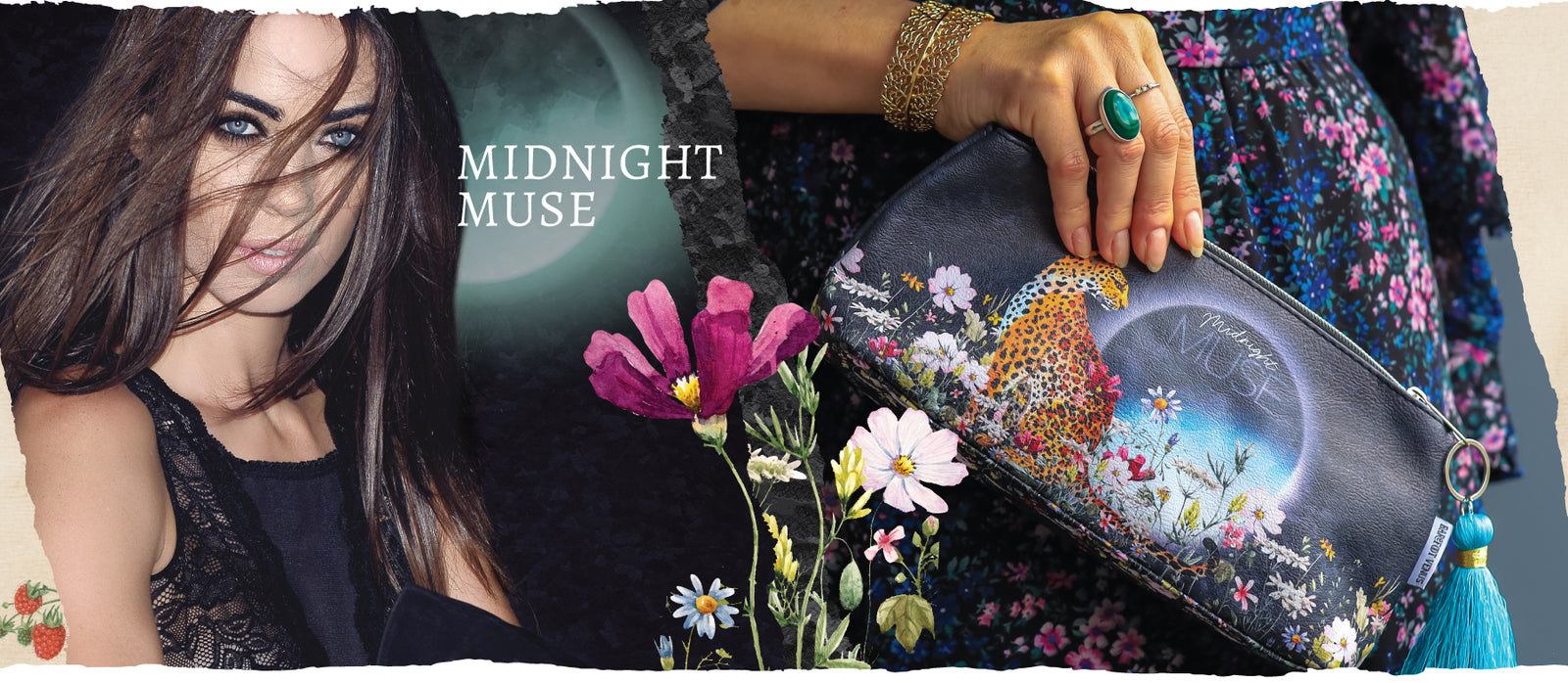 Woman with dark brown hair covering her face slightly with moon background, flower graphics blended with image of person holding Barefoot Venus Midnight Muse Goddess Bag. Text reads "Midnight Muse".