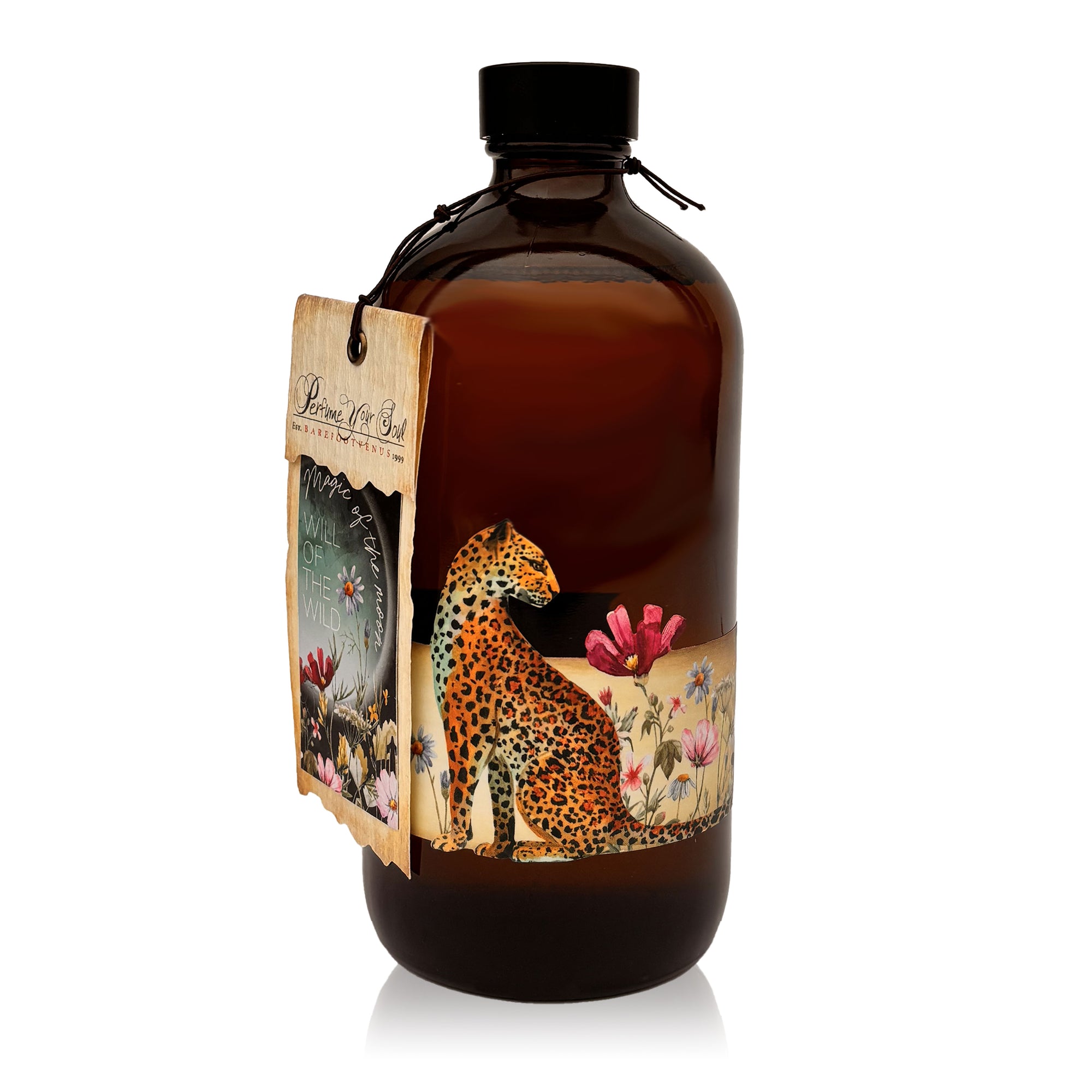 Bottle with a decorative label featuring a leopard and floral design on a white background