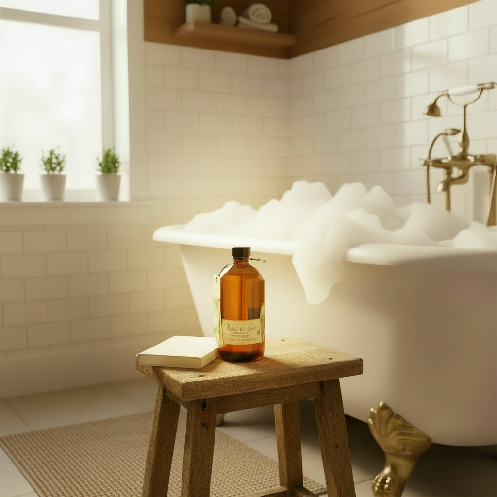 Bottle of Barefoot Venus Midnight Muse bath elixir on a wooden stool next to a bubble bath in a bathroom.