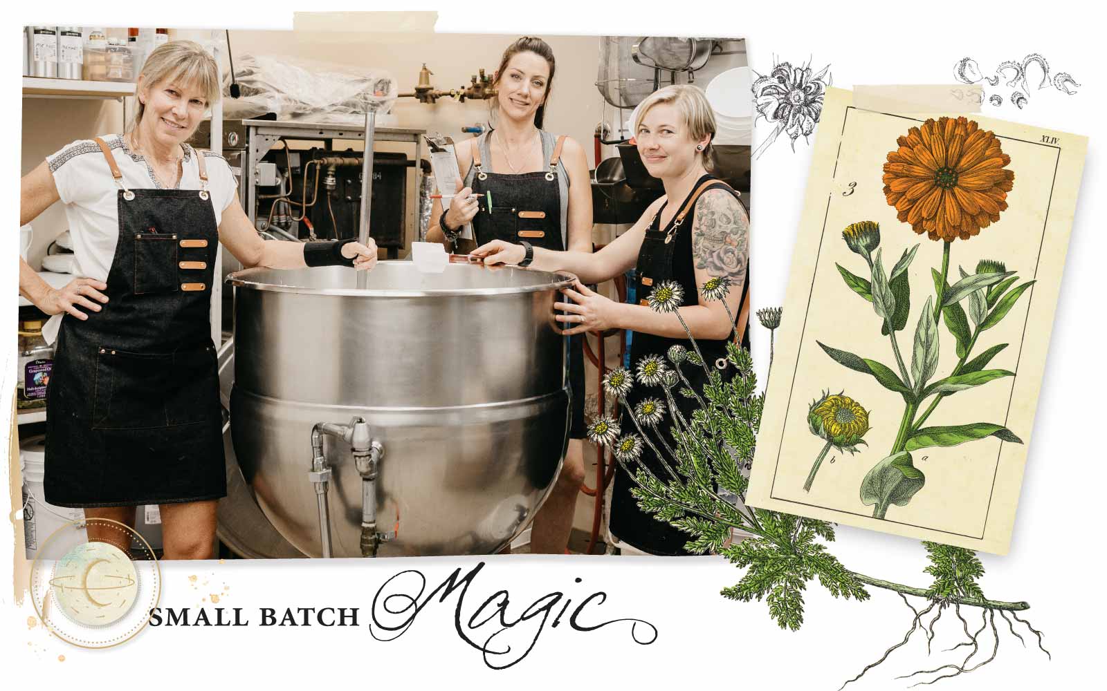 3 women in aprons creating Barefoot Venus products. Floral frame and text reading "Small Batch Magic".