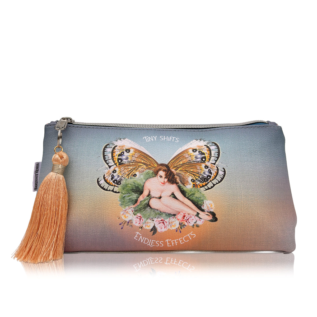 Barefoot Venus Vanilla Effect vegan beauty bag with butterfly design and tassel on a white background