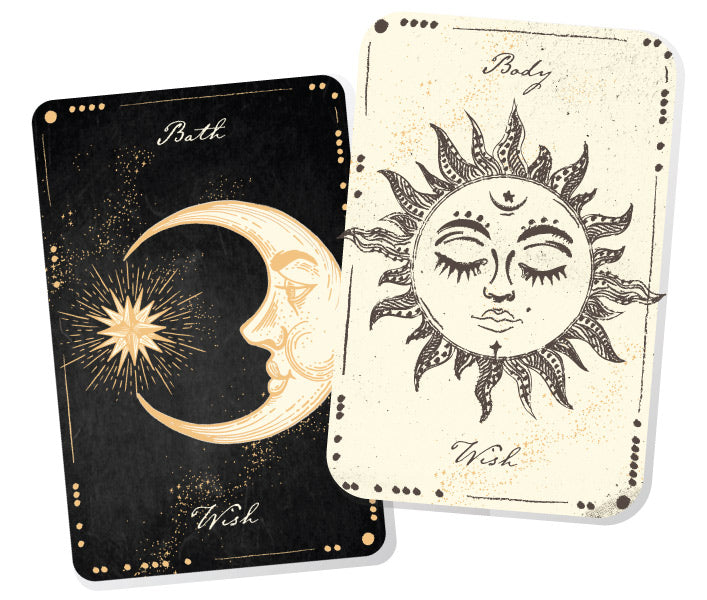 Two cards with images of the sun and moon that read "Body Wish" and "Bath Wish" respectively.