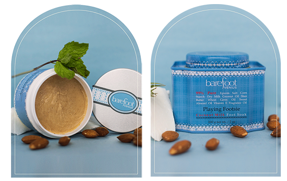 Barefoot Venus All Cracked Up foot balm with mint leaves and almond and Barefoot Venus Playing Footsie foot soak