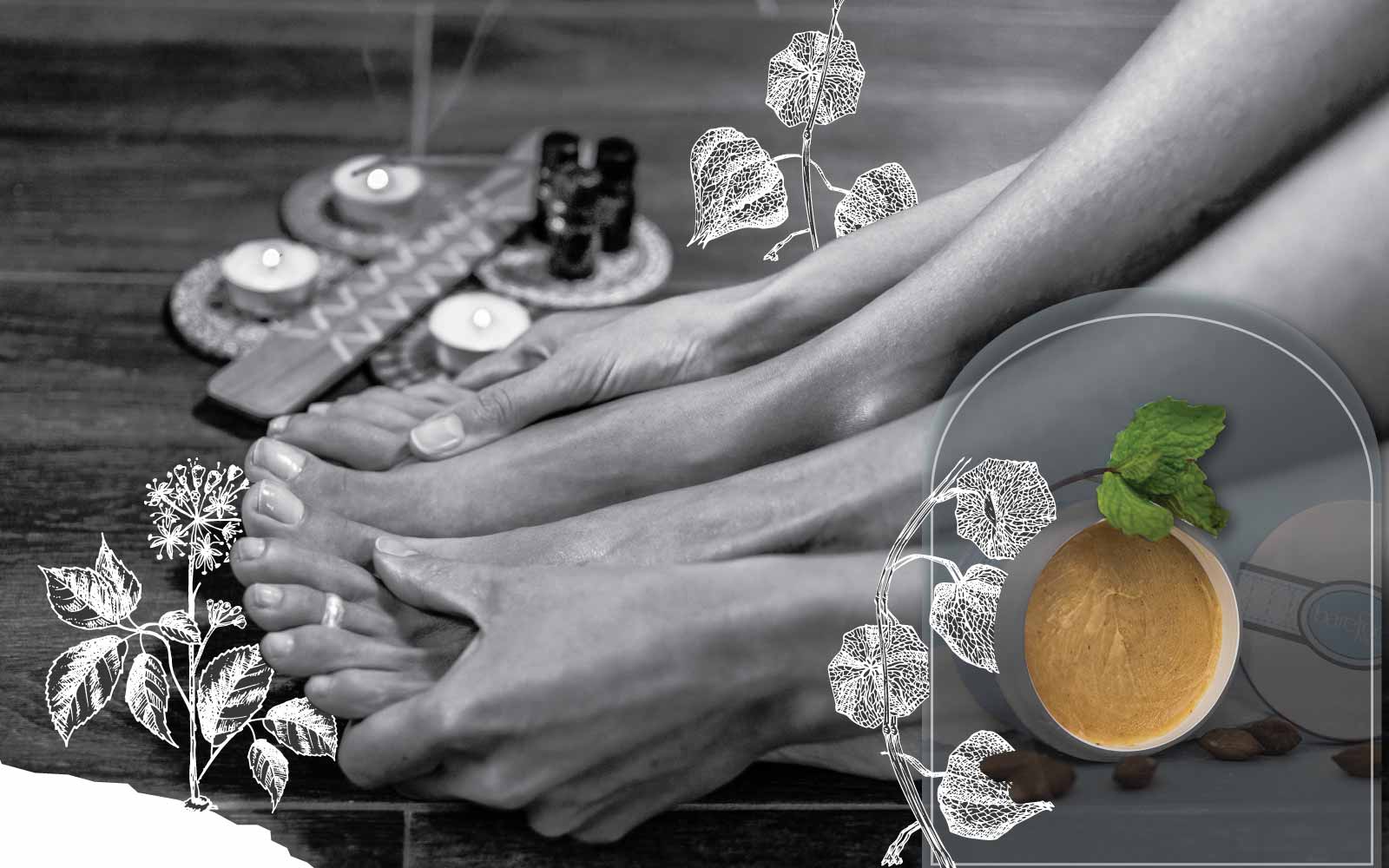 Person rubbing their feet with candles burning in the background as well as leafy images and an overlay of Barefoot Venus All Cracked Up Foot Balm.