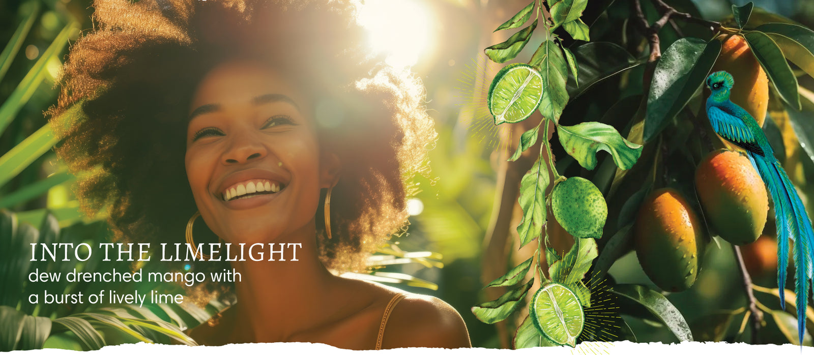 Woman smiling with leafy background and sunlight, a mango tree branch with a peacock sitting on top, separated by a branch of limes. Text reads "Into the limelight - dew drenched mango with a burst of lively lime".