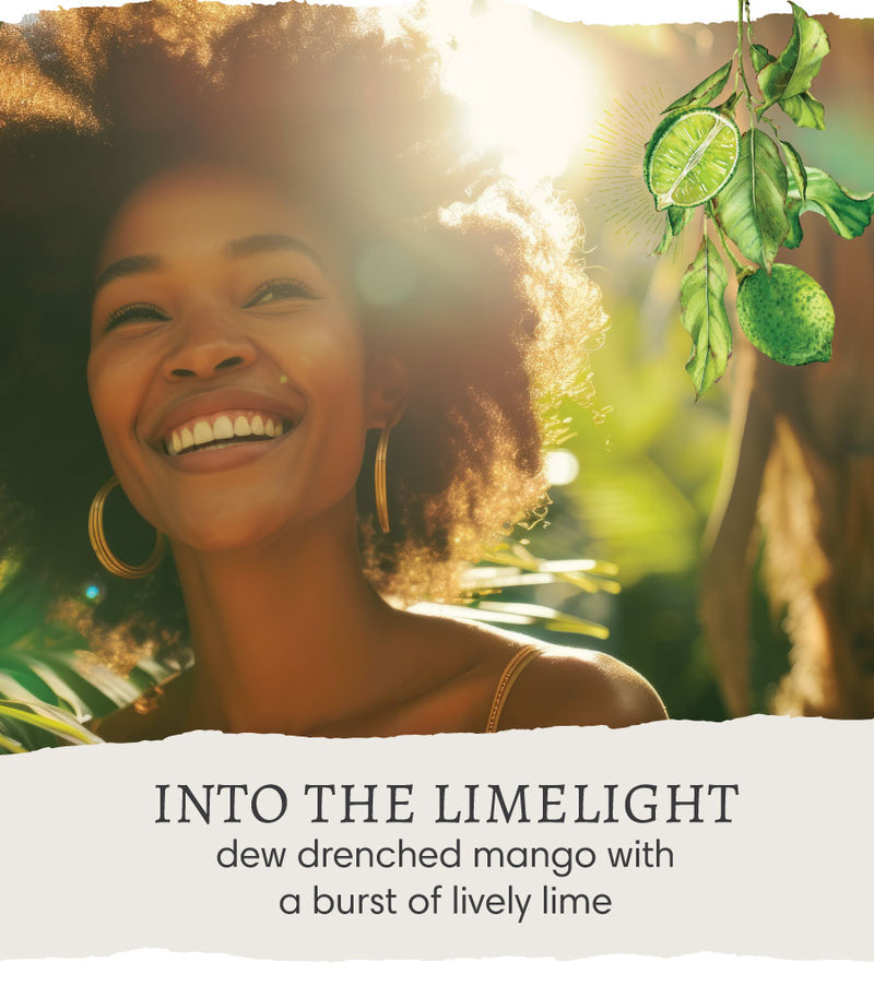 Woman smiling with leafy background and sunlight, with a branch of limes. Text reads "Into the limelight - dew drenched mango with a burst of lively lime".