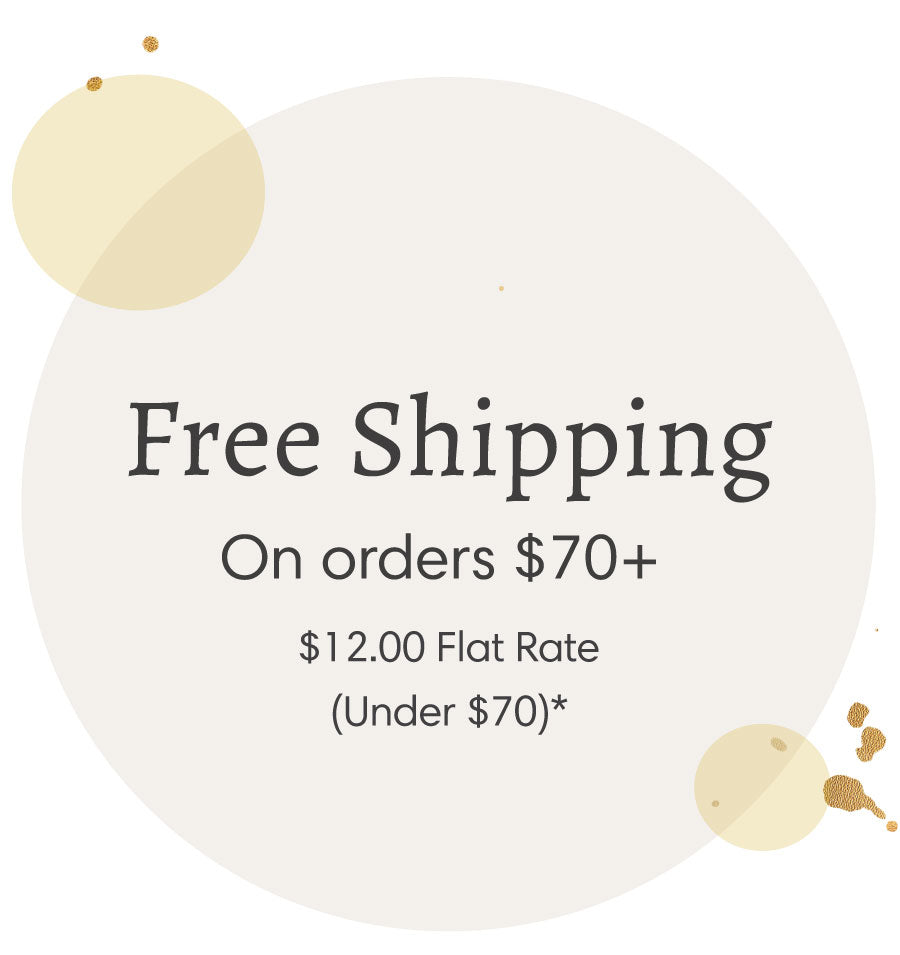 Abstract graphics with text that reads "Free Shipping on orders $70+ - $12.00 Flat Rate (Under $70)*".