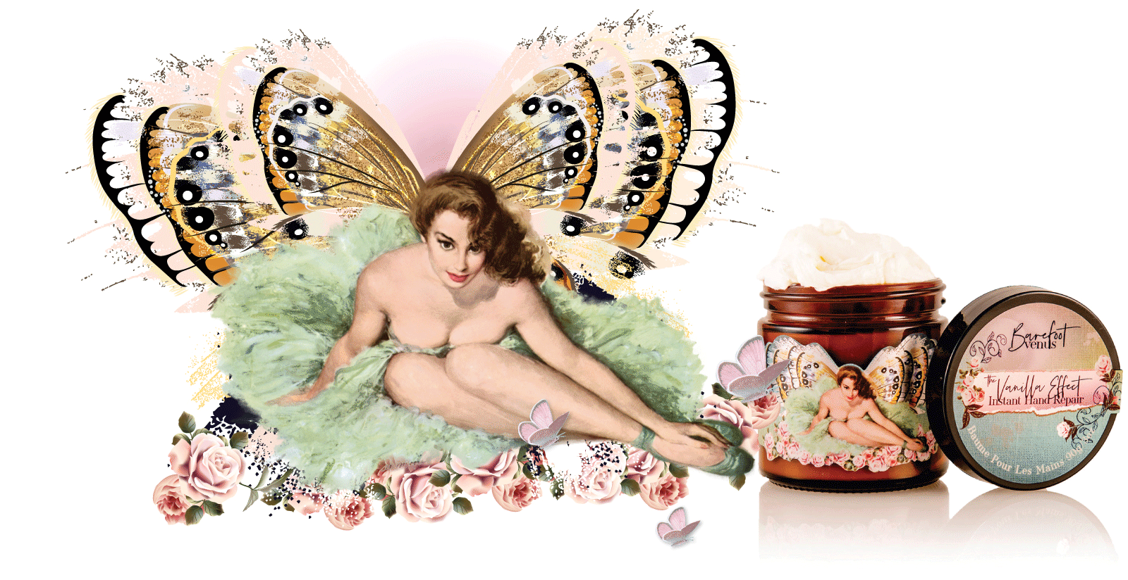 Animated gif of woman sitting in green dress with butterfly wings and roses at her feet. Beside her is a jar of Barefoot Venus The Vanilla Effect instant hand repair with the lid beside the jar and  it is overflowing with product. Butterflies move across the image.