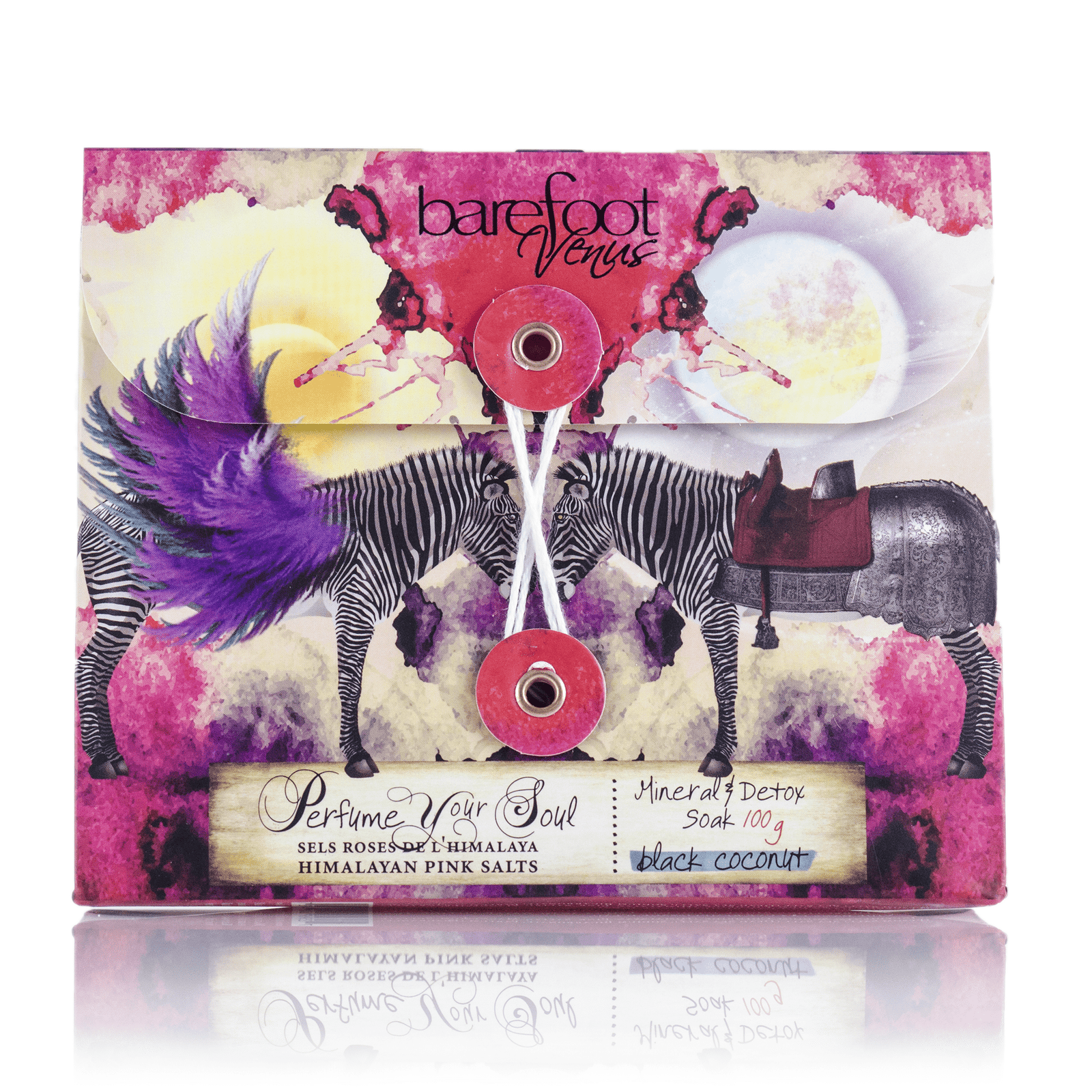 Envelope of Barefoot Venus Black Coconut Himalayan pink salts product featuring a floral zebra design.