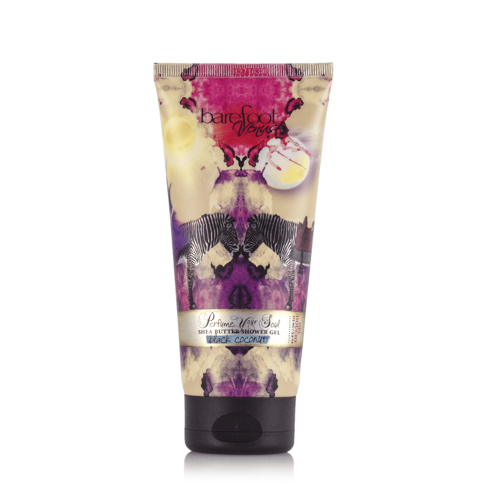 Tube of Barefoot Venus Black Coconut shower gel product featuring a floral zebra design.

